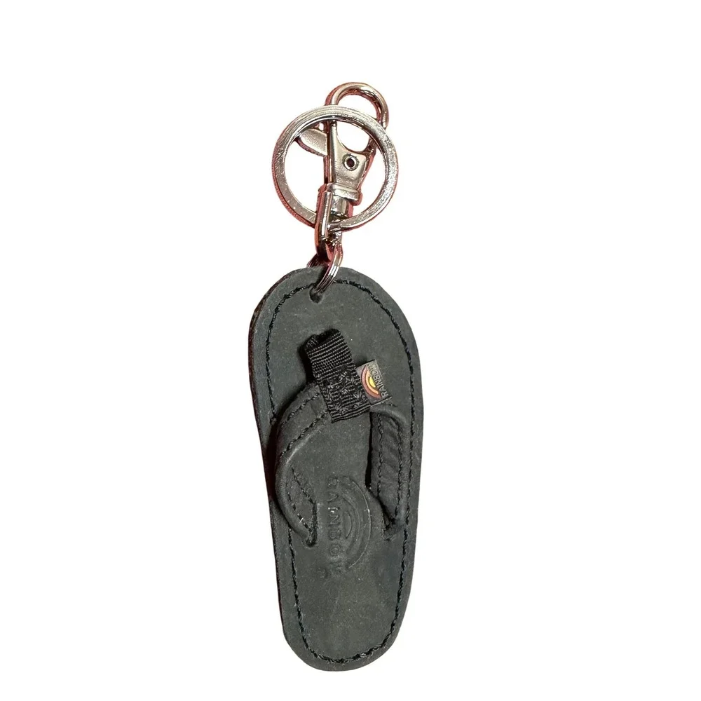 Rainbow Sandals Black Leather Flip Flop Keychain Mini Sandal Logo Key Fob Clasp